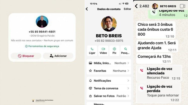 Evidências do crime: capturas de tela mostram os perfis falsos e as mensagens utilizadas por golpistas no WhatsApp para extorquir fiéis em nome de dom Gregório Paixão e dom Beto Breis